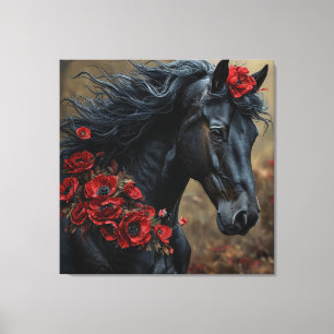 Toile Cheval noir décoré de fleurs rouges vibrantes
