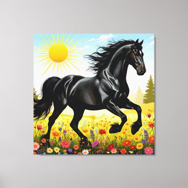 Toile Cheval Noir Majestueux en Course (Recto)