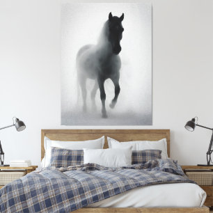 Toile Cheval noir mystérieux émergeant de la brume