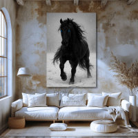 Cheval Noir Stallion dans la Neige Art Équestre Oc
