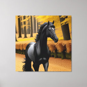 Toile Cheval noir sur un chemin forestier automnal pitto