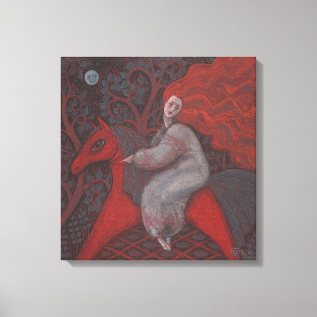 Toile "Cheval Rouge", femme rousse, imaginaire art surré (Recto)