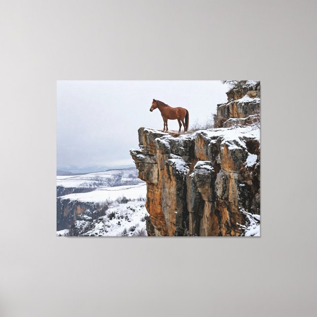 Toile Cheval solitaire sur une falaise enneigée en hiver (Recto)