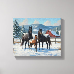 Toile Chevaux Appaloosa noirs sur une ferme en hiver