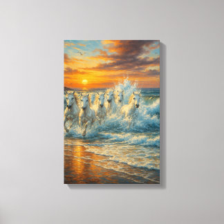 Toile Chevaux blancs courant sur la plage au coucher du