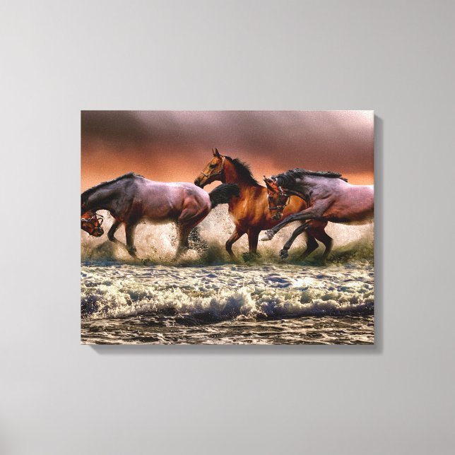 Toile Chevaux courir dans le Surf océanique au coucher d (Recto)