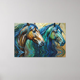 Toile Chevaux Turquoise bleu vert brun