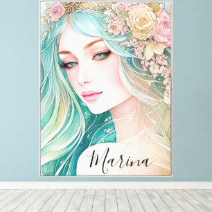 Toile Cheveux de sirène floraux éthérés rose et turquois