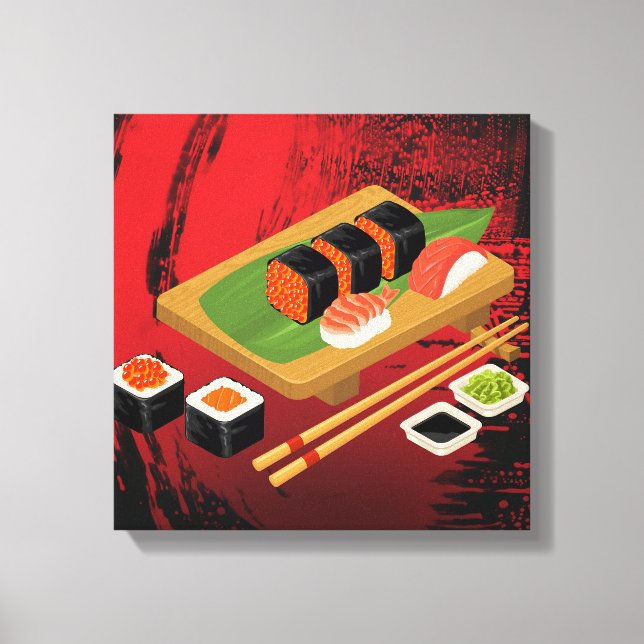 Toile Chic Élégant Moderne Sushi Noir & Rouge (Recto)
