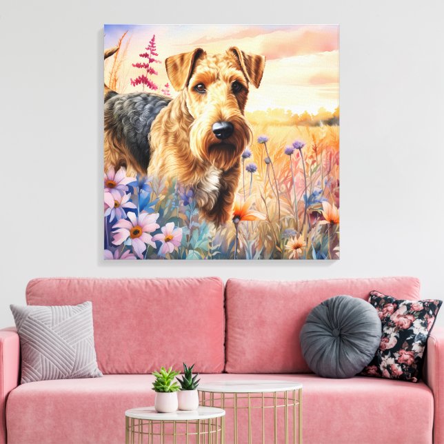 Toile Chien Airedale Terrier dans une prairie de fleurs  (Insitu(Salon))
