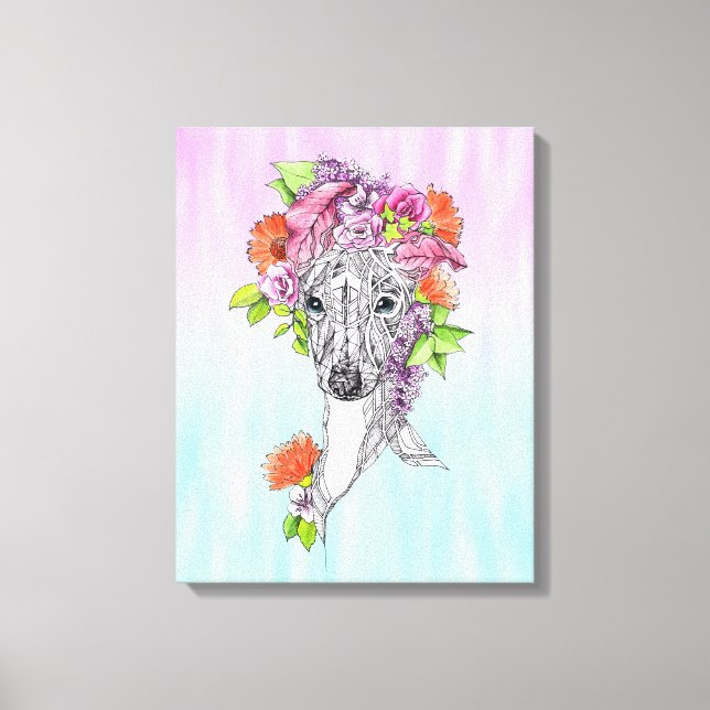 Toile Chien blanc laiton italien tirant des fleurs art (Recto)