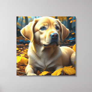 Toile Chien chiot jouant dans les feuilles d'automne