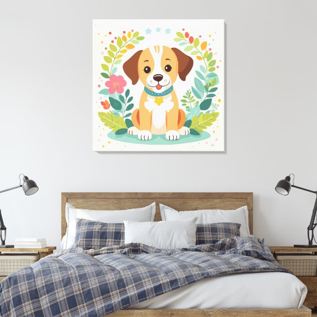 Toile Chien Mignon Et Fleurs Colorées Enfants (Insitu(Chambre))