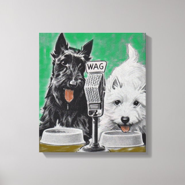 Toile Chiens écossais Blackie et Whitie à la radio (Recto)