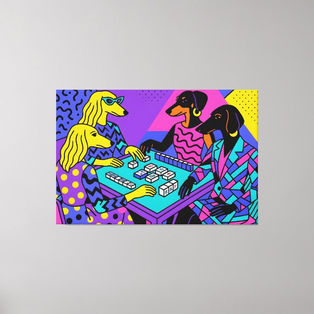 Toile Chiens Rétro Jouant au Mahjong (Recto)