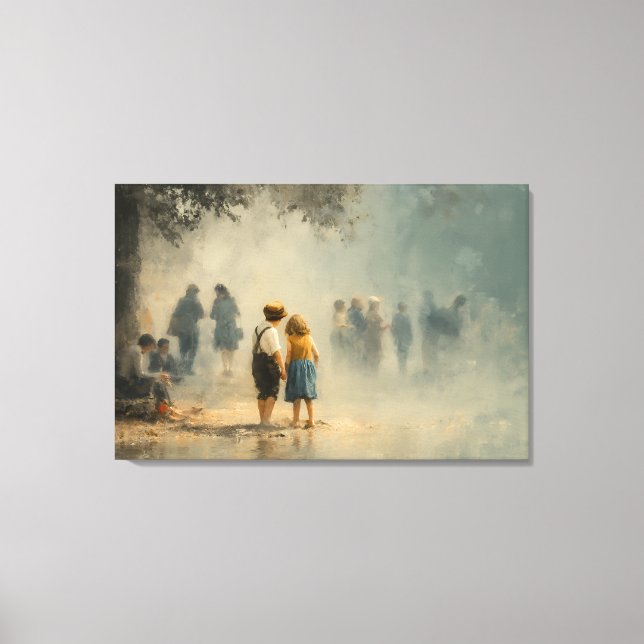 Toile Children in Misty Street Impressionist Scene (Recto)