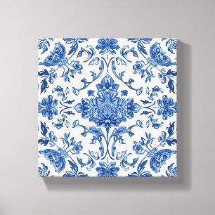 Toile Chinoiserie Florale Bleue Aquarelle Blanche