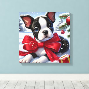 Toile Chiot avec Bow rouge sur la scène de Noël enneigée