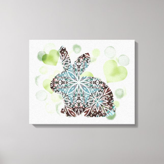 Toile Chocolat Brown et Blues Mandala Bunny + Coeurs (Recto)