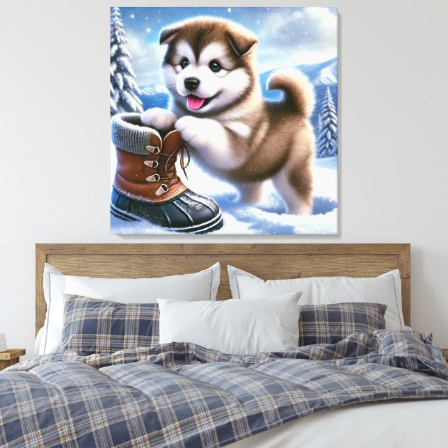 Toile Chou Husky Jouer dans le paysage hivernal enneigé (Insitu(Chambre))