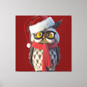 Toile Chouette de Noël portant un costume de Père Noël e