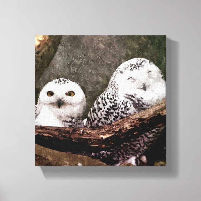 Toile Chouette Harfang Couple Art Bois Faune (Recto)