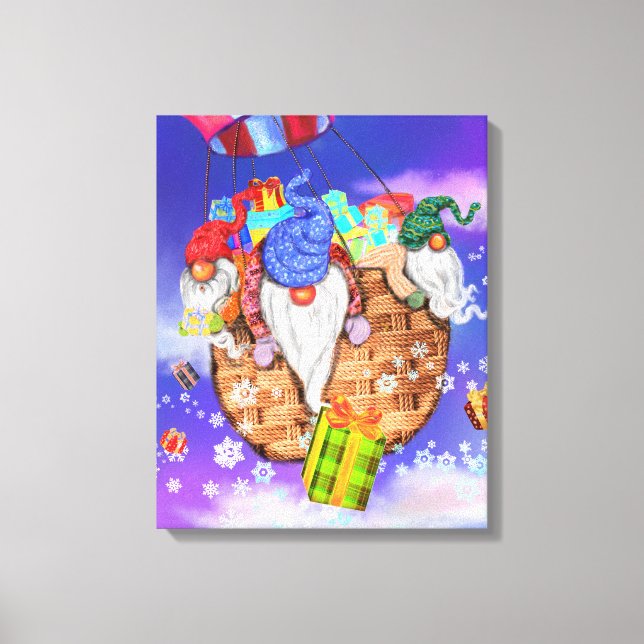 Toile Christmas Canvas Print Gnomes Flying Gives Gifts (Recto)
