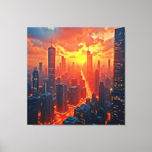 Toile Ciel Doré : Coucher de Soleil sur la Ville, Art de