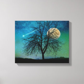 Toile Ciel Opalescent, arbre, lune de récolte, étoile fi