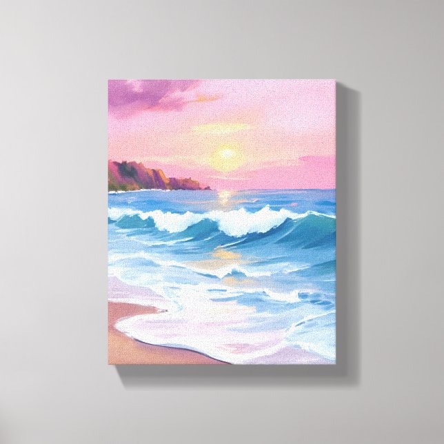 Toile Cieux pastel rose | Vagues de plage à l'aquarelle  (Recto)