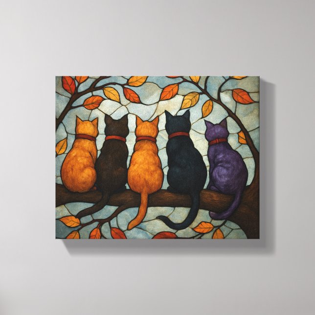 Toile Cinq chats sur une branche d'arbre de style vitrai (Recto)