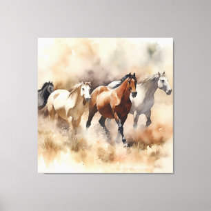 Toile « Cinq mustangs galopants » Aquarelle western pous