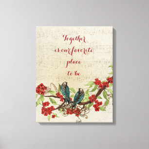 Toile Citation Motif Floral Rouge Oiseaux Sarcelle Vinta