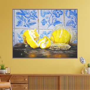 Toile Citrons et Azulejos — Nature morte classique bleu 