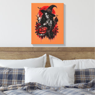 Toile Citrouille de sorcière gothique Halloween Chat noi