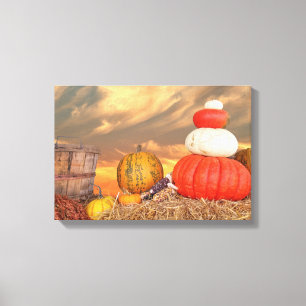 Toile citrouilles d'automne sur balais de foin avec ciel