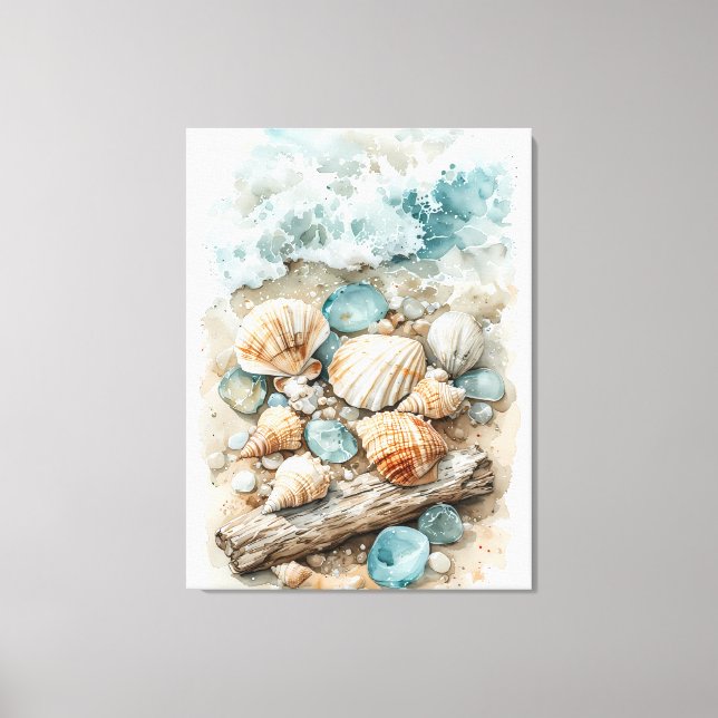Toile Coastal Seashell Watercolor Driftwood Scene (Recto)