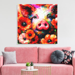 Toile Cochon impressionniste dans les fleurs de coquelic