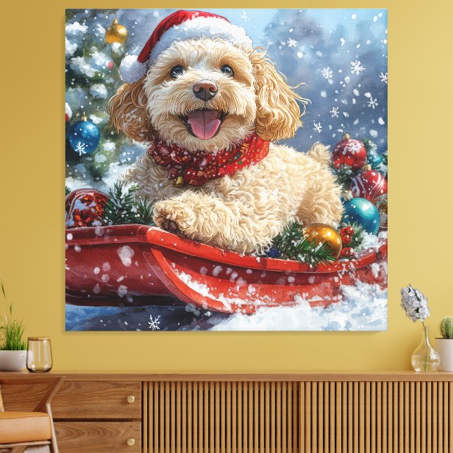 Toile Cockapoo Dog in Sledge Let it Neige Christmas (Insitu(Salon))