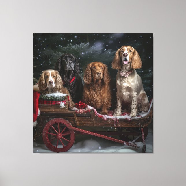 Toile Cocker Spaniel Enneigé Traîneau Décor Noël (Recto)