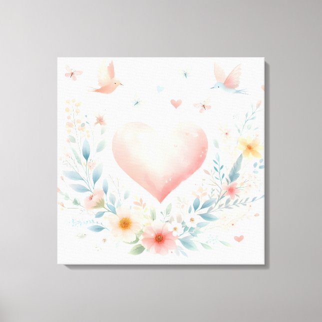 Toile Cœur de l'aquarelle douce Fleurs d'amour Oiseaux (Recto)