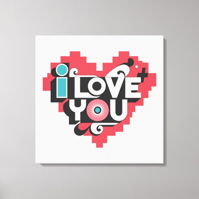Toile Cœur de pixel J'aime typographie rétro (Recto)