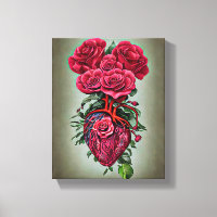 Coeur humain avec fleurs de rose rouge surreal art