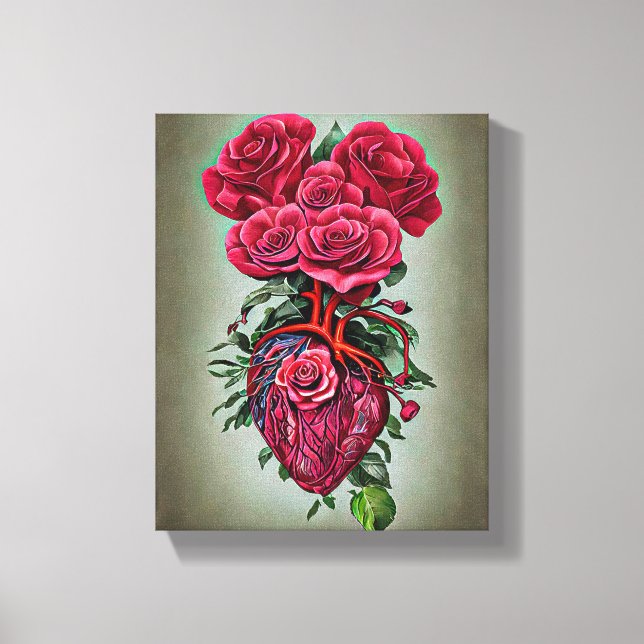 Toile Coeur humain avec fleurs de rose rouge surreal art (Recto)