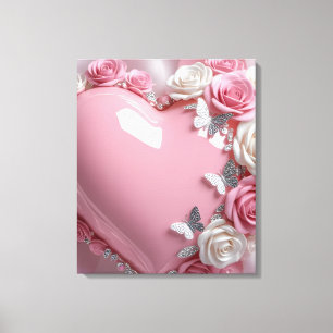 Toile Cœur Rose Brillants avec Papillons Roses Romantiqu