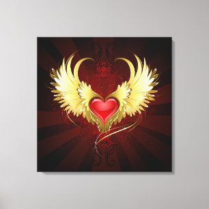 Toile Coeur rouge avec ailes d'or