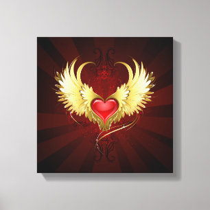 Toile Coeur rouge avec ailes d'or