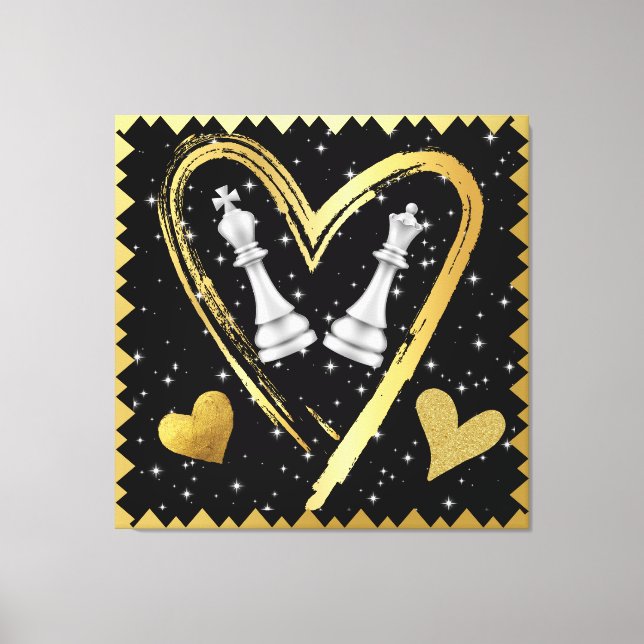 Toile Coeurs d'or Pièces d'échecs King et Queen sur noir (Recto)