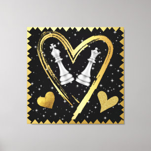 Toile Coeurs d'or Pièces d'échecs King et Queen sur noir