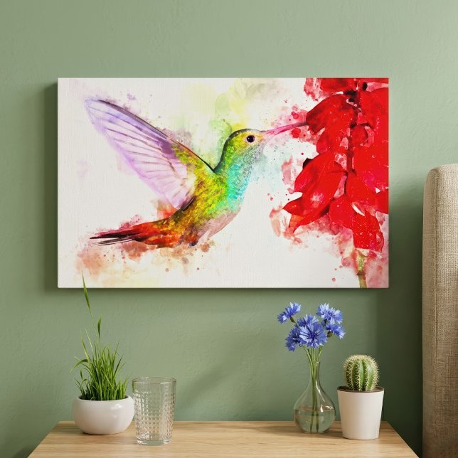 Toile Colibri à l'aquarelle se nourrissant de fleur roug (Watercolor Hummingbird Feeding on Red Flower. Canvas Print)